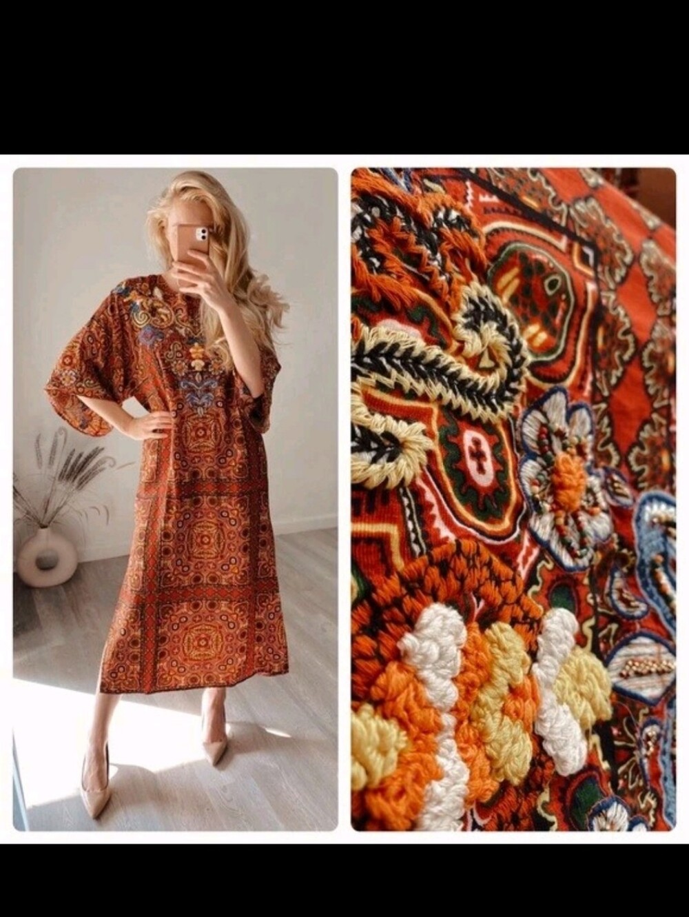 ZARA Kaftan Printed Embroidered & beaded Orange Boho Midi Dress Medium